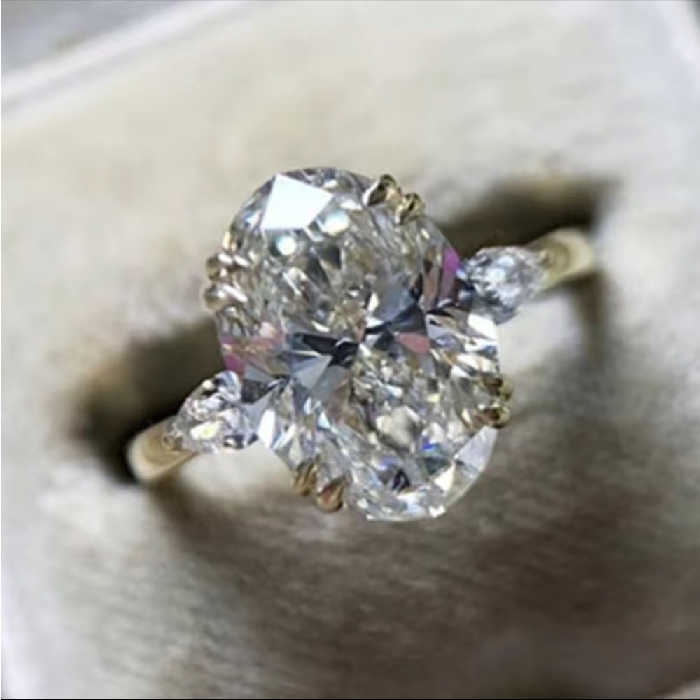 New Luxury Yellow Gold Plated Oval Diamond Ring - Picture 3 of 16